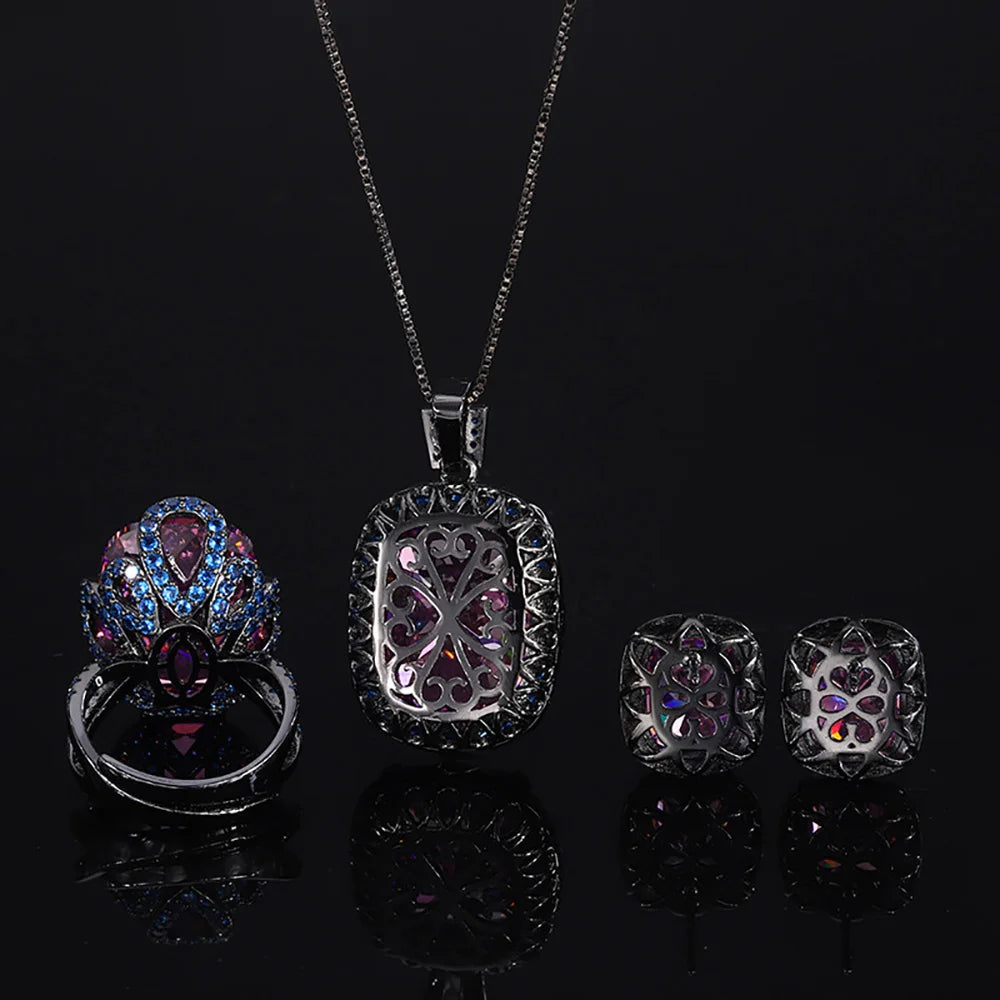 New Vintage Pink Quartz Ring Earrings Pendant Necklace for Women Gemstone Ruby Cocktail Party Fine Jewelry Set Anniversary Gift