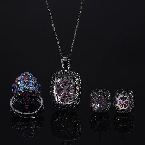 New Vintage Pink Quartz Ring Earrings Pendant Necklace for Women Gemstone Ruby Cocktail Party Fine Jewelry Set Anniversary Gift