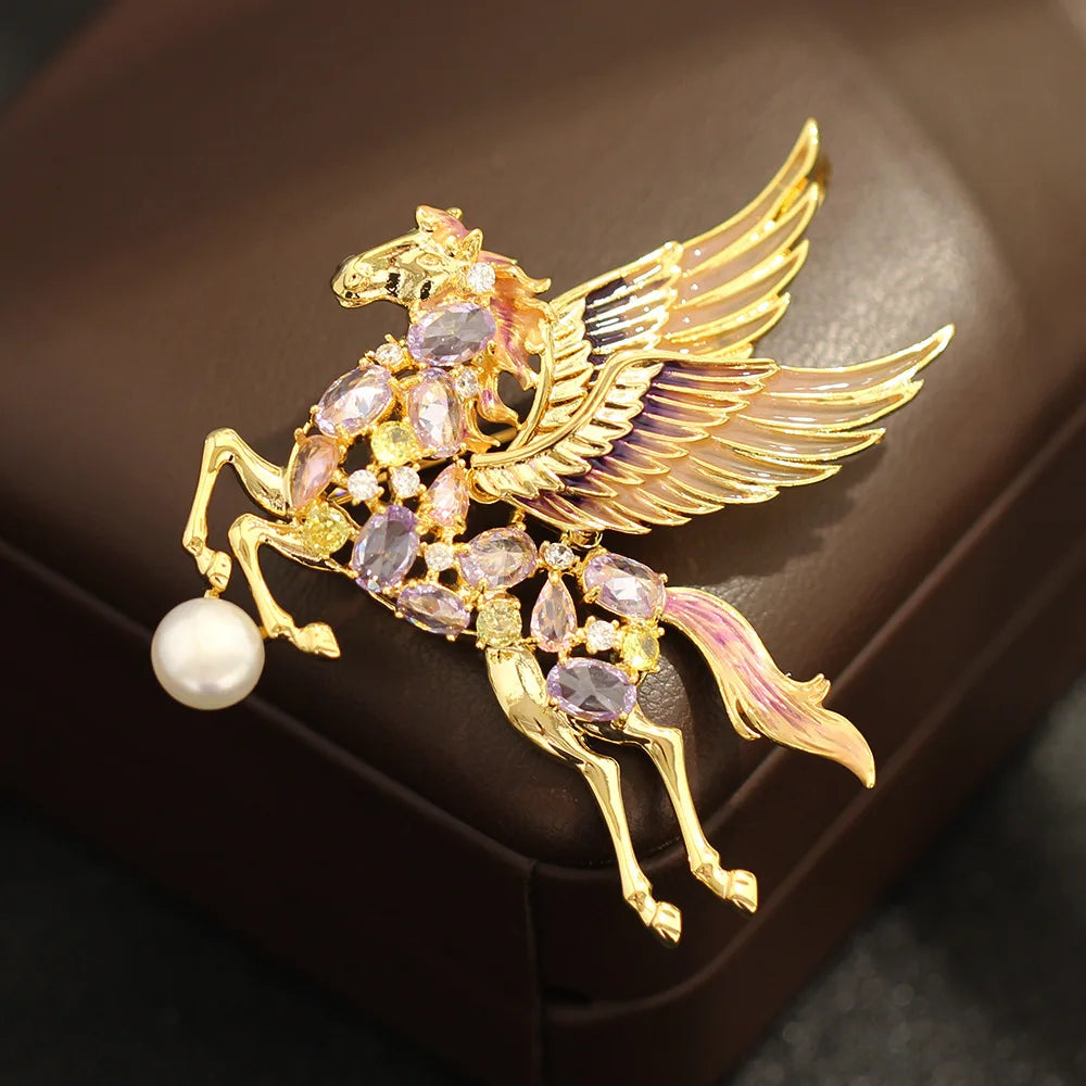 Exquisitely Enamel Horse Brooch, Handmade Pony Tassel Brooch Pin with Zirconia, Luxury Banquet & Evening Jewelry for Women