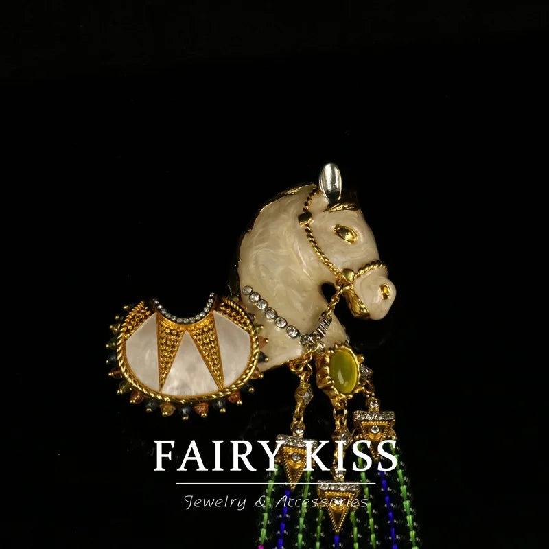 Exquisitely Enamel Horse Brooch, Handmade Pony Tassel Brooch Pin with Zirconia, Luxury Banquet & Evening Jewelry for Women