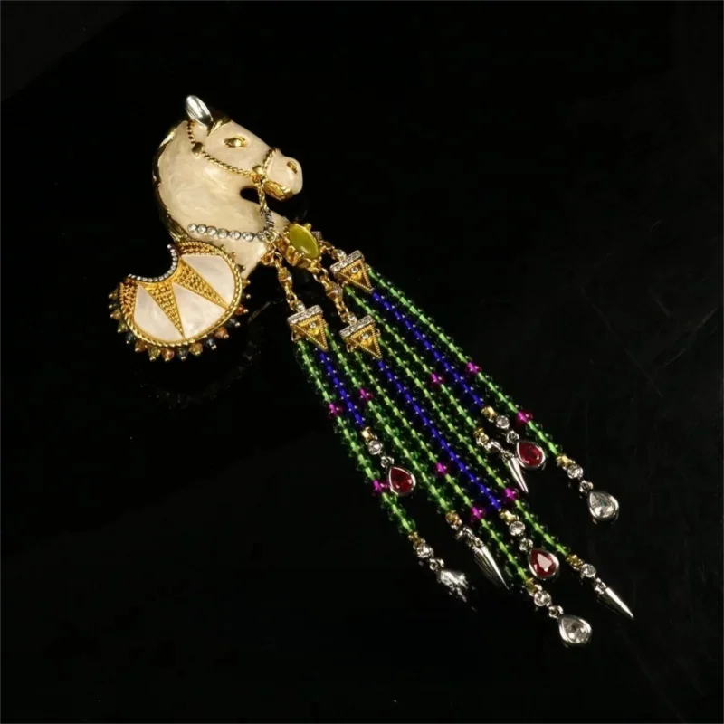 Exquisitely Enamel Horse Brooch, Handmade Pony Tassel Brooch Pin with Zirconia, Luxury Banquet & Evening Jewelry for Women