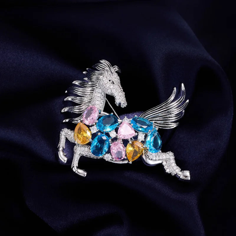 Exquisitely Enamel Horse Brooch, Handmade Pony Tassel Brooch Pin with Zirconia, Luxury Banquet & Evening Jewelry for Women