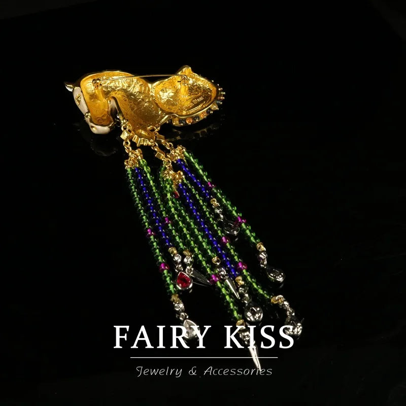 Exquisitely Enamel Horse Brooch, Handmade Pony Tassel Brooch Pin with Zirconia, Luxury Banquet & Evening Jewelry for Women