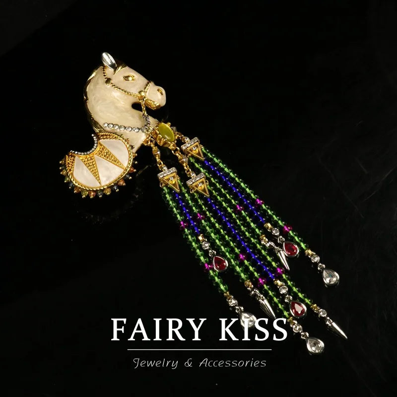 Exquisitely Enamel Horse Brooch, Handmade Pony Tassel Brooch Pin with Zirconia, Luxury Banquet & Evening Jewelry for Women