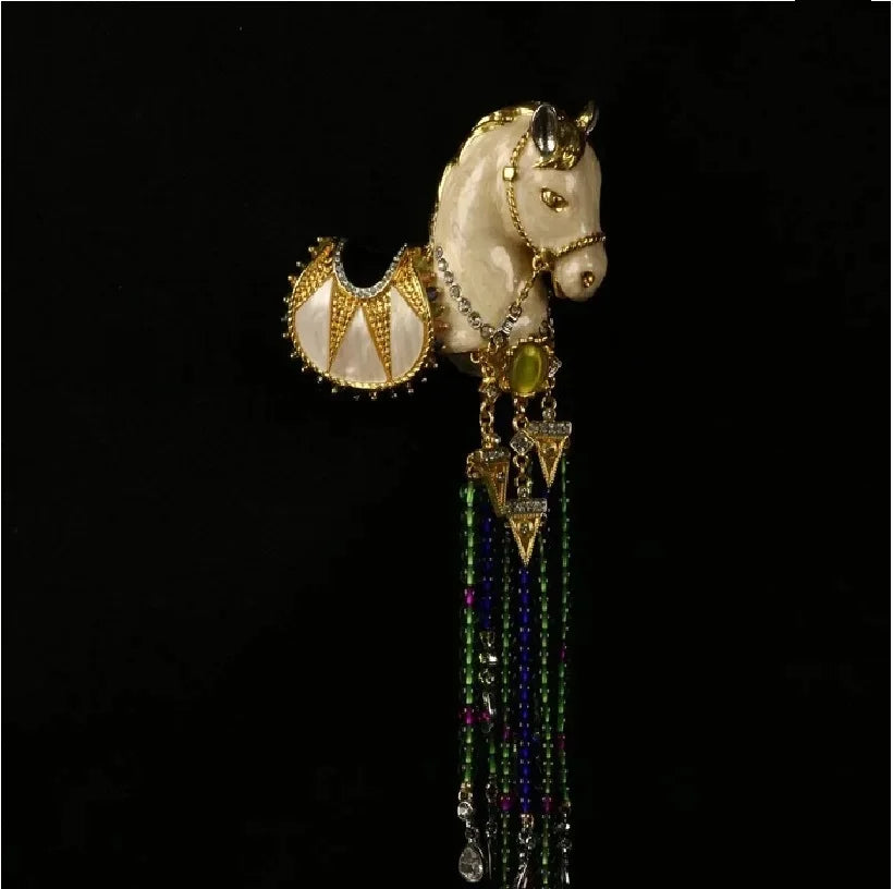 Exquisitely Enamel Horse Brooch, Handmade Pony Tassel Brooch Pin with Zirconia, Luxury Banquet & Evening Jewelry for Women