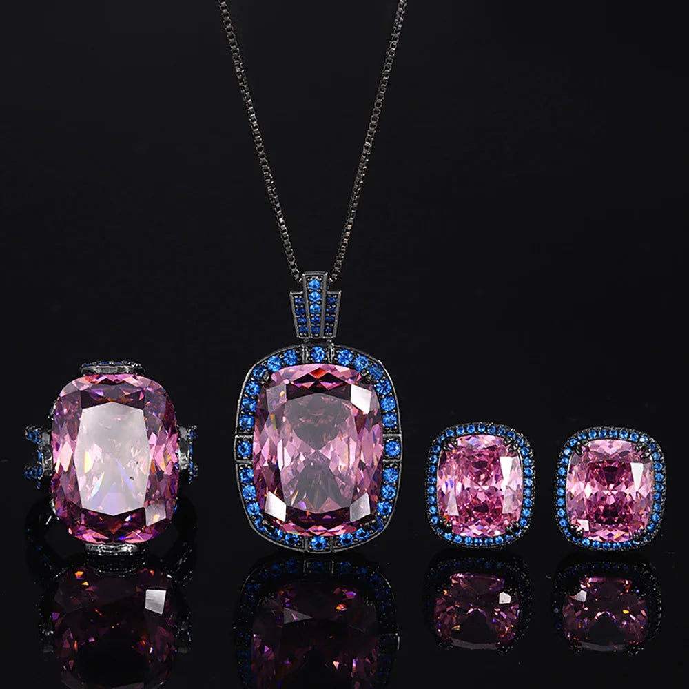 New Vintage Pink Quartz Ring Earrings Pendant Necklace for Women Gemstone Ruby Cocktail Party Fine Jewelry Set Anniversary Gift