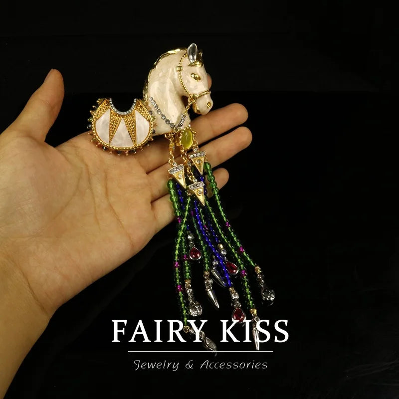 Exquisitely Enamel Horse Brooch, Handmade Pony Tassel Brooch Pin with Zirconia, Luxury Banquet & Evening Jewelry for Women