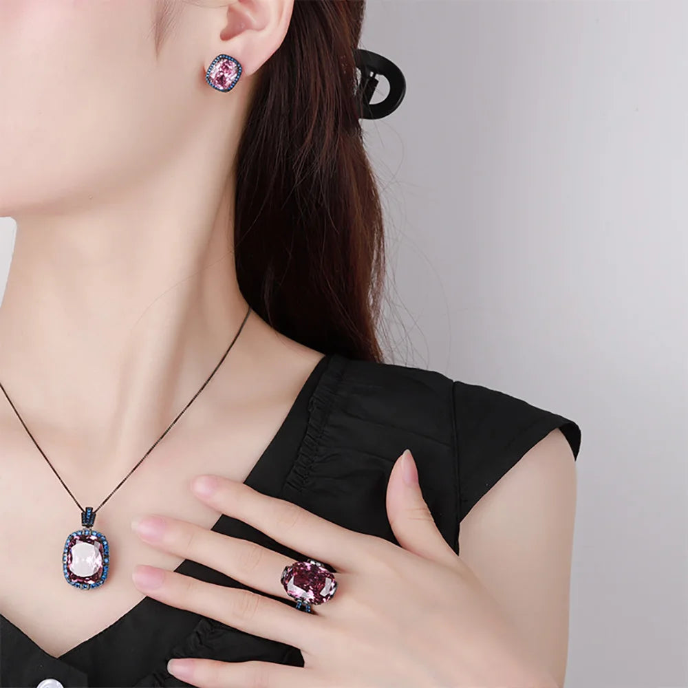 New Vintage Pink Quartz Ring Earrings Pendant Necklace for Women Gemstone Ruby Cocktail Party Fine Jewelry Set Anniversary Gift