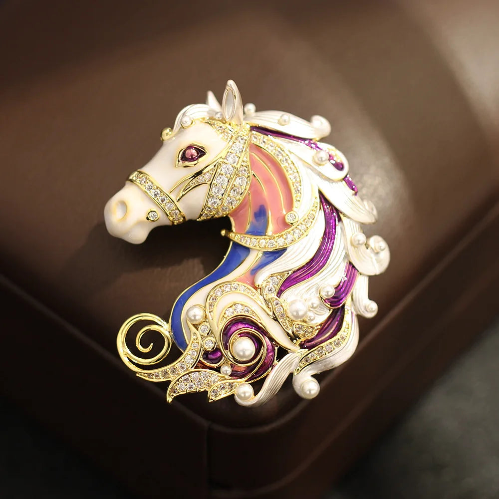 Exquisitely Enamel Horse Brooch, Handmade Pony Tassel Brooch Pin with Zirconia, Luxury Banquet & Evening Jewelry for Women