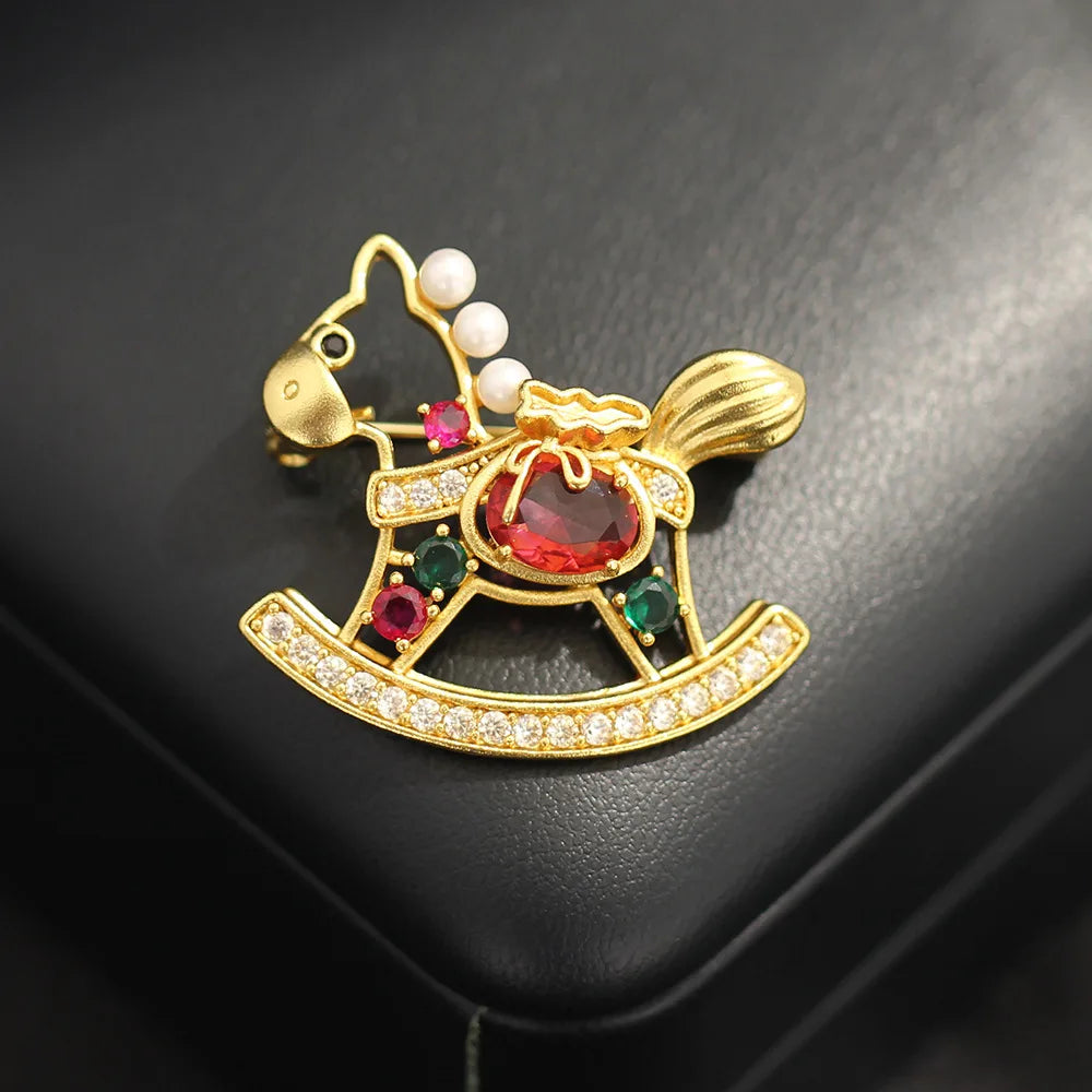 Exquisitely Enamel Horse Brooch, Handmade Pony Tassel Brooch Pin with Zirconia, Luxury Banquet & Evening Jewelry for Women