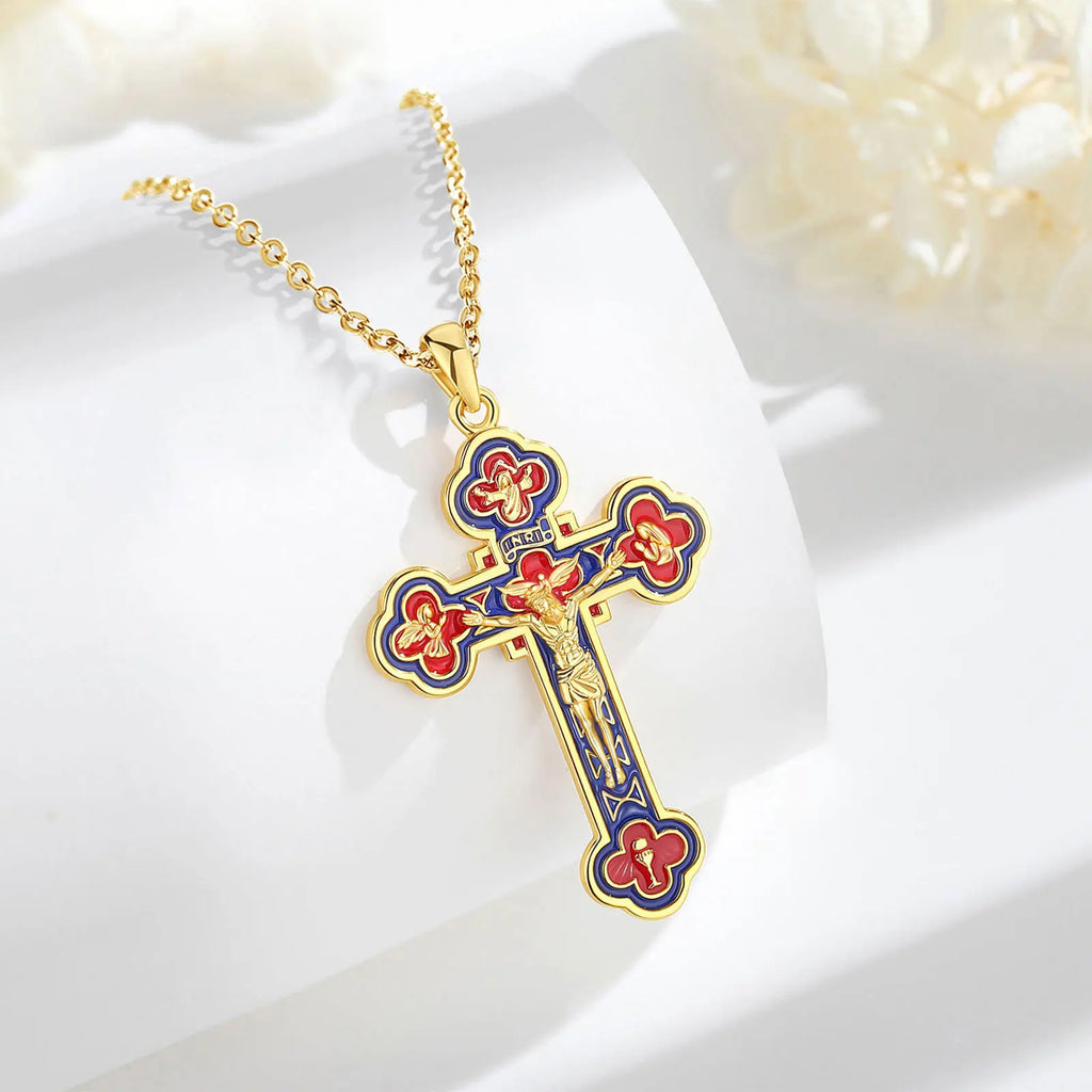 Eudora 925 Sterling Silver Jesus Crucifix Cross Necklace 18K Gold Angel Prayer Amulet Christian Pendant Exquisite Enamel Jewelry
