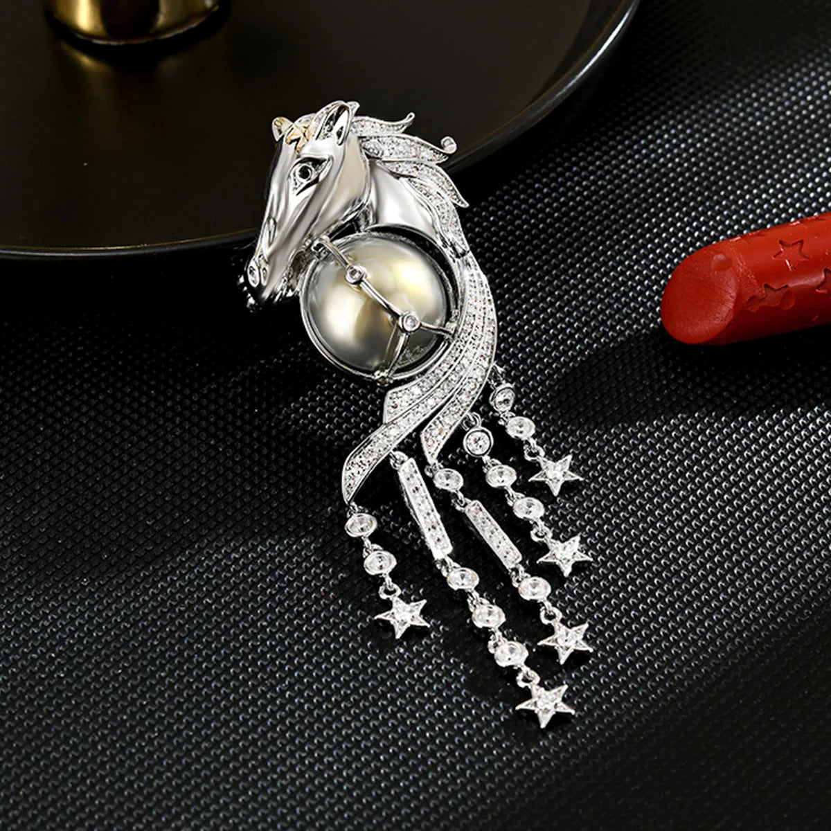 Exquisitely Enamel Horse Brooch, Handmade Pony Tassel Brooch Pin with Zirconia, Luxury Banquet & Evening Jewelry for Women