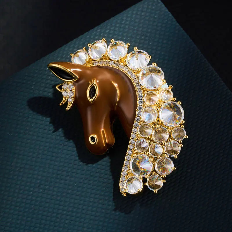 Exquisitely Enamel Horse Brooch, Handmade Pony Tassel Brooch Pin with Zirconia, Luxury Banquet & Evening Jewelry for Women