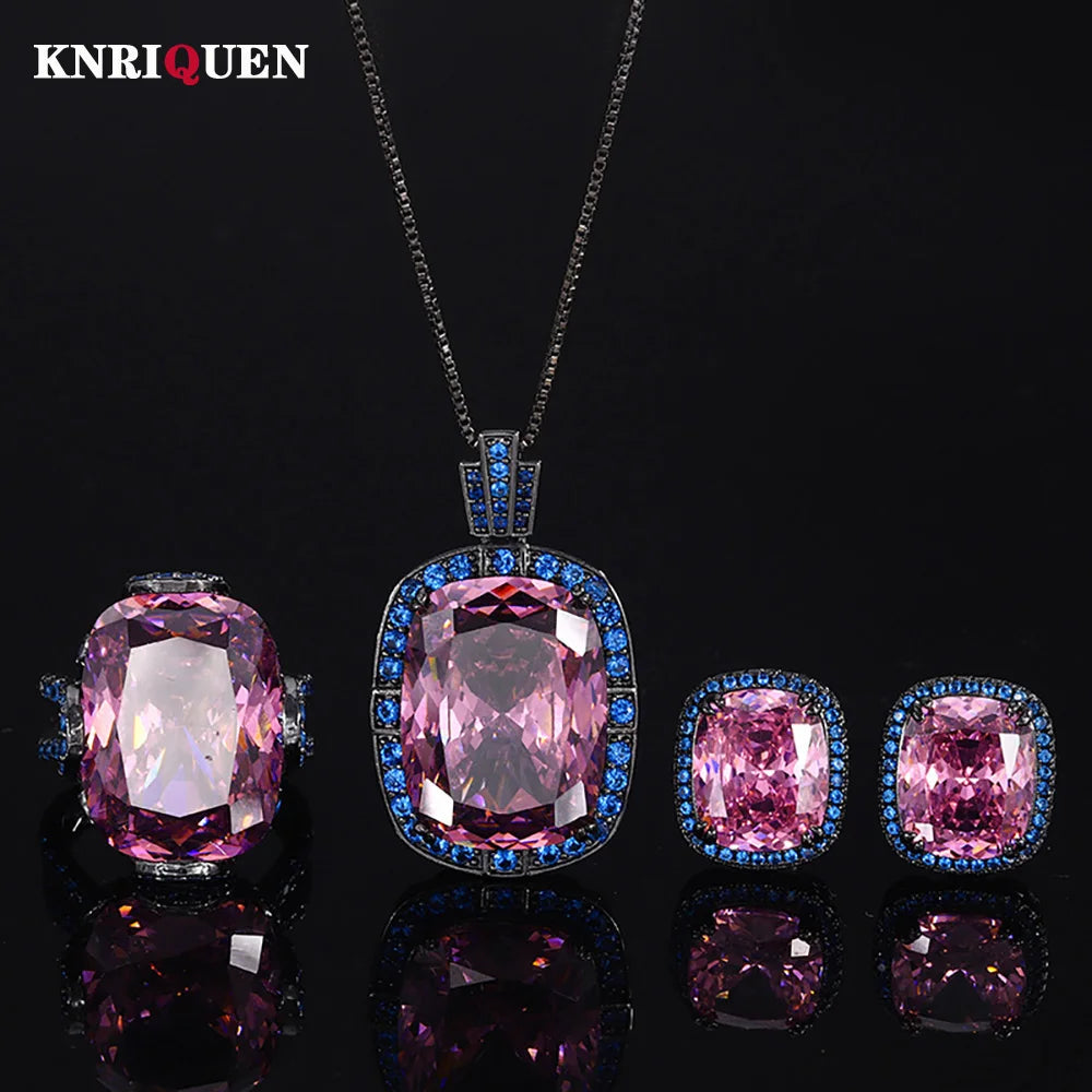 New Vintage Pink Quartz Ring Earrings Pendant Necklace for Women Gemstone Ruby Cocktail Party Fine Jewelry Set Anniversary Gift